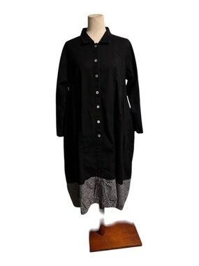 Black Long-Sleeve Button-Front Dress with Printed Hem